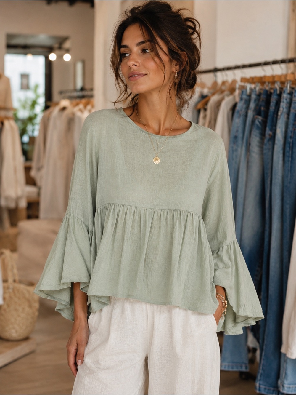 IT76. From Italy 🇮🇹 Relaxed Light Ruffle Waist Boho Top